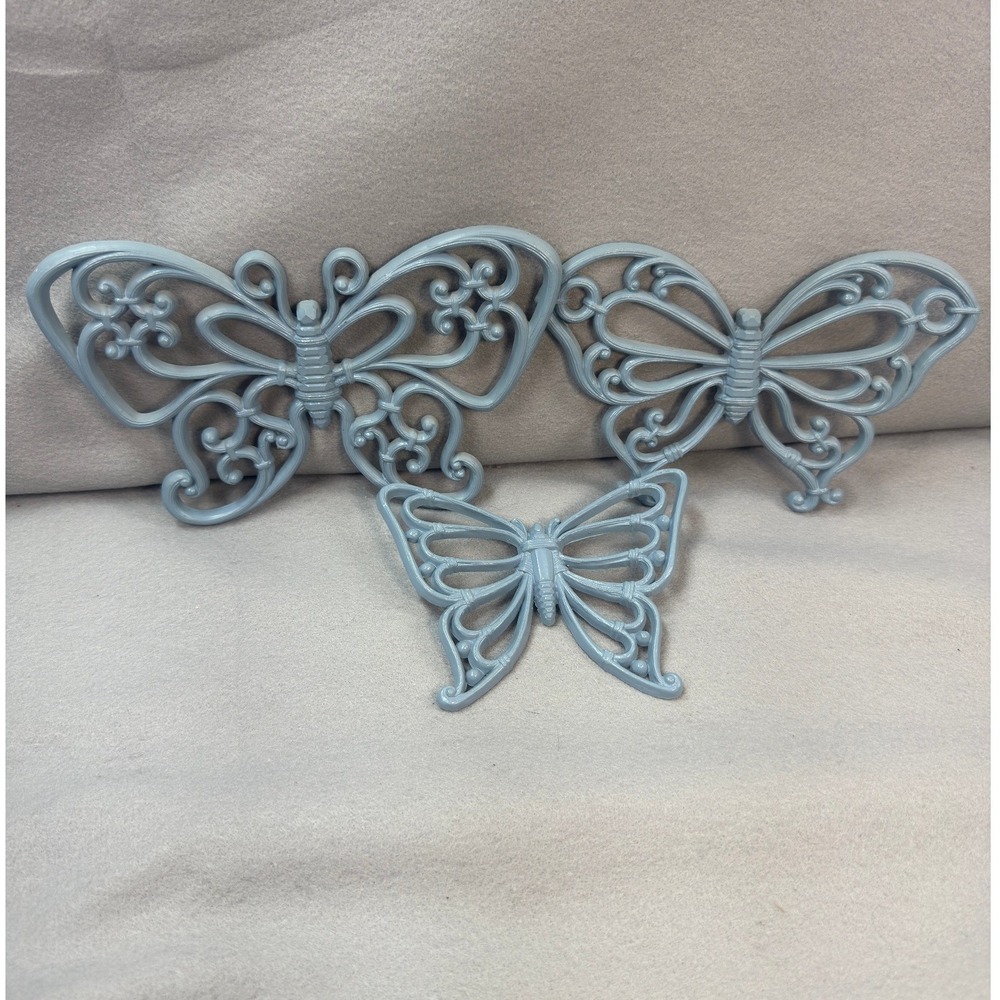 Vintage MCM Cottagecore Butterfly Syroco Wall Art Set 3 Blue Plastic Retro Decor